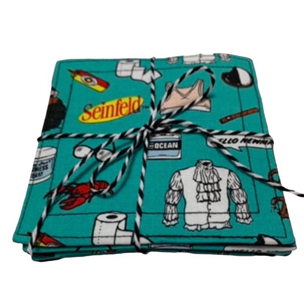 Coasters set of 4 Seinfeld collage teal multi hand made cotton perfect fan gift
